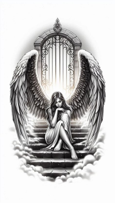 Evil Virgo Tattoo, Angel Back Piece Tattoo, Female Warrior Tattoo Goddesses, Gothic Angel Tattoo, Angel Art Drawing, Dark Angel Tattoo, Angel Back Tattoo, Guardian Angel Tattoo Designs, Archangel Michael Tattoo