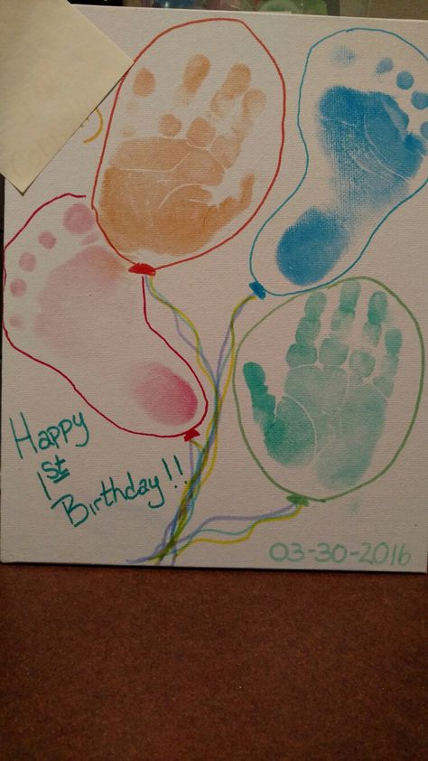 Hand and footprint, first birthday! First Birthday Crafts Daycare, 1st Birthday Footprint Art, Birthday Footprint Craft, 1st Birthday Crafts, First Birthday Crafts For Baby, First Birthday Crafts, Baby Feet Art, Happy Birthday Crafts, Birthday Canvas