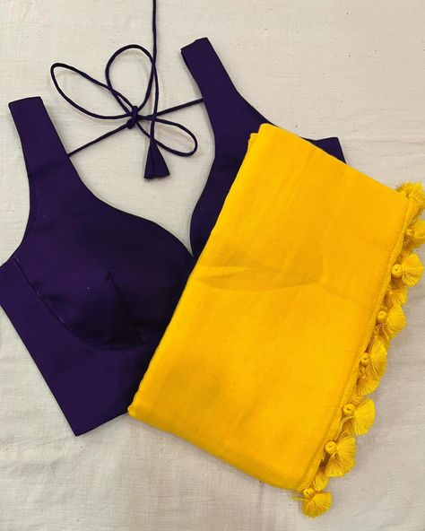 Yellow Ink Purple Saree Blouse Combo Set. Are you up for solid combos? Yellow Purple Saree, Purple Saree Blouse, Purple Contrast Color, Plain Georgette Saree, Onam Saree, Haldi Outfit, Fruits Drawing, Purple Saree, Yellow Saree