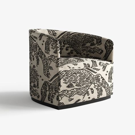 Introducing The Rastrick Armchair - a contemporary masterpiece meticulously crafted in Britain. This fully customizable armchair, originally designed for a luxury London penthouse, exudes opulence and sophistication. Its bold jacquard velvet upholstery, inspired by Tibetan carpets, showcases intricate patterns of magical tigers and a mysterious map of uncharted territories. Indulge yourself and make this armchair the focal point of your living space. Custom Design Service Whether it's a differen White Swivel Chairs, Print Armchair, Victorian England, Patterned Armchair, Feature Chair, Luxury Penthouse, Grey Armchair, Luxury London, Luxury Contemporary