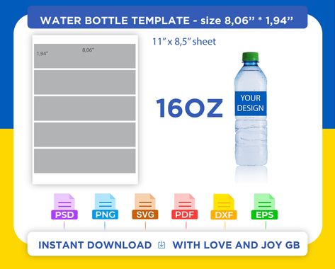 Free Printable Water Bottle Labels, Water Bottle Vinyl Decal Size Chart, Free Printable Water Bottle Labels Templates, Blank Water Bottle Label Template, 32 Oz Sublimation Water Bottles, Bottle Template, Water Bottle Labels Template, Template Png, Gift Diy