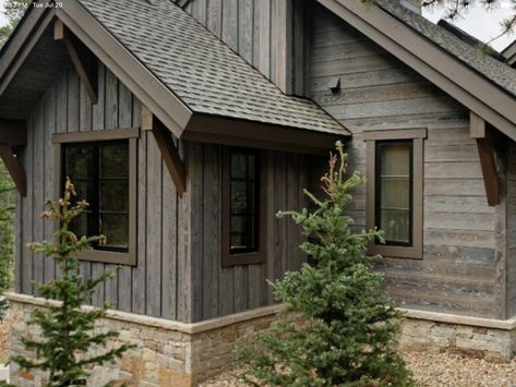 Dark Gray Log Cabin Exterior, Gray Cabin Exterior, Board And Batten Ranch House Exterior, Maibec Siding House Colors, Exterior Cabin Color Schemes, Rustic Siding Exterior, Brown Home Exterior, Cabin Exterior Color Schemes, Exterior Cabin Colors