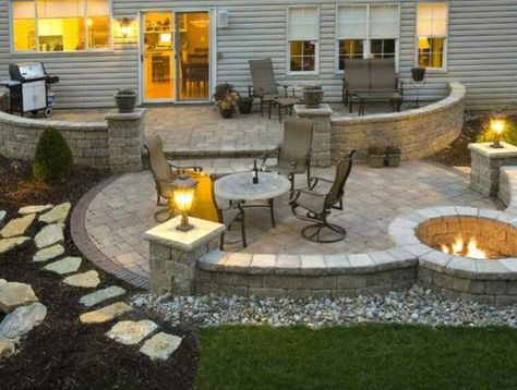 My dream backyard firepit Patio With Fire Pit, Stone Patio Designs, Outdoor Fire Pit Seating, Patio Pavers Design, Sitting Areas, Fire Pit Seating, Budget Patio, Patio Landscaping, Fire Pit Patio