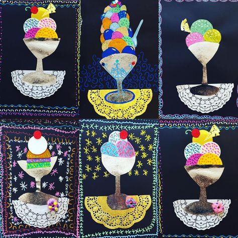 Delicious ice cream sundae collages today! 😍 Ice Cream Sundae Drawing, Ice Cream Sunday, Children Drawing, Delicious Ice Cream, Wayne Thiebaud, Jr Art, Art Camp, Preschool Themes, Chalk Pastels