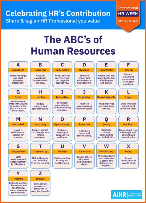 Experience the colorful world of HR Professionals, the unsung heroes of the workplace. Join us on a journey from A for Adaptable to B for Balanced, unlocking essential ingredients for HR success. Share with us your defining traits in the comments.   #HR #HumanResources #Success #HRmanager #HRcareer Employee Life Cycle Human Resources, Hr Jobs Career, Hr Vocabulary, Hr Aesthetic, Hr Planning, Hr Communication, Human Resource Management Templates, Hr Analytics, Hr Infographic