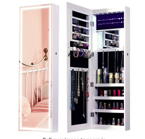 Great full length mirror, makeup mirror, & jewelry storage for small bedrooms! Jewelry Storage Cabinet, Wall Mounted Jewelry Armoire, Mirror Jewelry Storage, Mirror Jewelry, White Wood Wall, Wall Mount Jewelry Organizer, Mirror Jewelry Armoire, Mirror Jewellery Cabinet, Elegant Mirrors