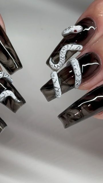 🇻🇳 Cynthia | Nail Artist 📍Katy,TX on Instagram: "Smokey Black & White Snakes 😎 

#katytxnails #katynailtech #nailart #nailsinkaty #naildesigns #katynails #houstonnails #naildesigns #cutenails #3dnailart #3dnaildesign #nails #snakenails #3dsnakenailart" White Snake Nails Designs, Nails Black Snake, 3d Snake Nails, 3d Snake Nail Art, Black Nail Designs Snake, White Nails Snake Charm, White Snakes, 3d Snake, Snake Nails