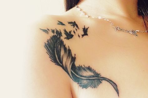 Feather and birds tattoo on my skin!! 1807-13 my first tattoo ;)) Cover Up Tattoos For Women Shoulder, Feather And Birds Tattoo, Feather Bird Tattoo, Tattoos For Women Shoulder, Henna Chest, Pez Koi Tattoo, Bird Tattoo Ribs, Feather With Birds Tattoo, Butterfly Wrist Tattoo