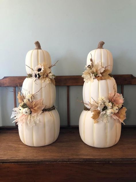 Pumpkin Stacked Decor, 3 Pumpkins Stacked, Conference Decorations, Porch Crafts, Stackable Pumpkins, Shabby Chic Pumpkins, Pumpkin Stack, Porch Pumpkins, Pumpkin Topiary