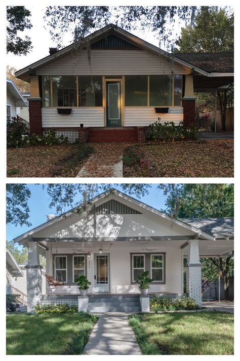 Our 1920’s bungalow makeover in Tampa, Florida. Follow TampaFlippers on Instagram! 1930s Home Remodel, 1940 Bungalow Exterior, Before And After Bungalow Exterior, Florida Bungalow Exterior, Florida Home Remodel, Stucco Bungalow Exterior, 1920 Bungalow Exterior, 1920 House Renovation, 1930s Bungalow Exterior