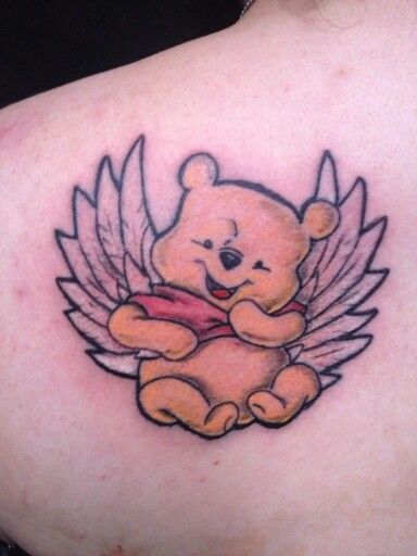 Winnie The Pooh Memorial Tattoo, Pooh Bear Tattoos, Pooh Bear Tattoo, Winnie The Pooh Tattoos, Baby Memorial Tattoos, Baby Memorial, Wing Tattoo Designs, Bear Tattoos, Angel Wings Tattoo