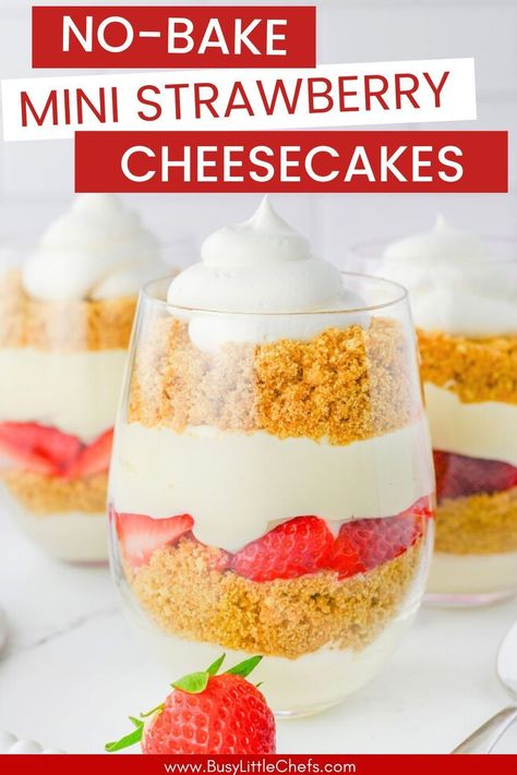 For a quick, easy & delicious dessert, try these no bake strawberry cheesecake cups. A no-bake strawberry cheesecake recipe which layers graham cracker crumbs, a sweet cream cheese filling, fresh strawberries and whipped cream or cool whip. Yummy strawberry cheesecake cups perfect as after dinner treats, birthday party snacks or indulgent after school snacks! Best no-bake cheesecake dessert cups with fresh strawberry & cream topping. Easy no bake snacks for kids to make, easy dessert recipes. No Bake Snacks For Kids, No Bake Strawberry Cheesecake Cups, Easy No Bake Snacks, Strawberry Cheesecake Recipe Easy, Cheesecake Dessert Cups, Easy No Bake Strawberry Cheesecake, Snacks For Kids To Make, Treats Birthday Party, Strawberry Cheesecake No Bake