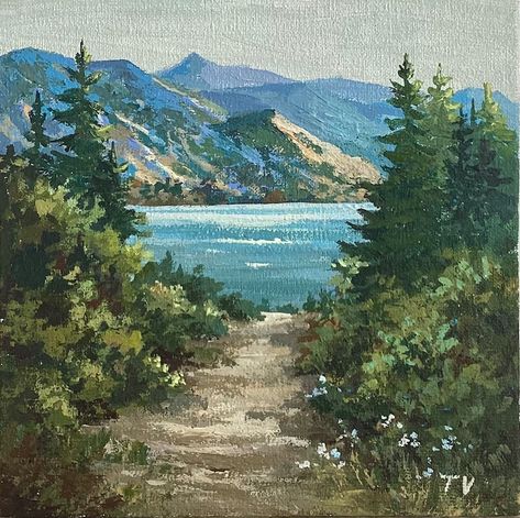 Mountain Lake Painting Original Art Pine Trees and Mountains Nature Switzerland Landscape Miniature 6 X 6 - Etsy Canada Painting Nature Acrylic, Mountain Sunset Painting Easy, Aesthetic Mountain Painting, Horizontal Painting Ideas, Acrylic Painting Mountains, Mountain Lake Painting, Cabin Birdhouse, Switzerland Landscape, Mountain Painting Acrylic