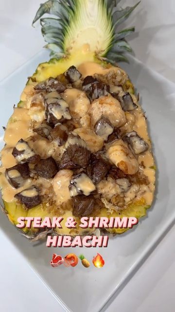 Hibachi Shrimp Bowl, Shrimp And Chicken Hibachi Recipe, Habachi Steak Bowl, Pineapple Bowls Chicken Shrimp Steak, Steak Shrimp And Chicken Hibachi, Hibachi Steak And Shrimp Recipe, Pineapple Bowl Recipe, Hibachi Shrimp, Steak Shrimp