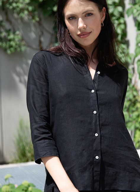 The Black Linen Button-Up Shirt by Rosso35 radiates effortless style and can be dressed up or down with ease. Crafted from airy linen, this black button-up shirt features a slightly oversized silhouette for versatile style. Team it up with the Black Linen Wide-Leg Trouser for a coordinating look. [size] True to size [/size] [details] Machine wash cold, line dry, dry clean Fabric Content: 100% Linen Vendor Colour Code: BLACK Vendor Style Code: N1366B Andrews SKU: 1219-1030 [/details] Black Button Up Shirt, Code Black, Colour Code, Boyfriend Shirt, Oversized Silhouette, Black Linen, Black Button, Versatile Style, You Deserve