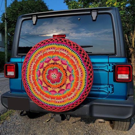 "Pink Sophie's Garden Tire Cover 😍" Crochet Seat Belt Cover, Cool Jeep Accessories, Crochet Steering Wheel, Sunflower Crochet, Jeep Tire Cover, Spare Tire Covers, Seat Belt Cover, Weaving Textiles, Tire Cover