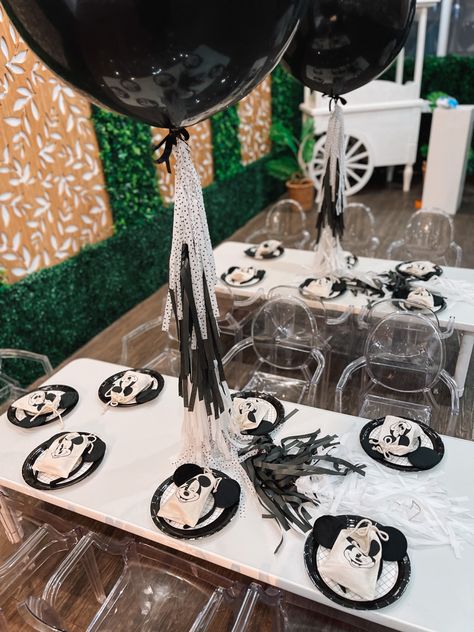 Black And White Mickey Mouse Centerpieces, Mickey Birthday Centerpiece, Modern Mickey Birthday Party, Monochrome Mickey Mouse Party, Boho Mickey Mouse Party, Modern Mickey Party, Aesthetic Mickey Mouse Party, Mickey Mouse Birthday Centerpieces, Mickey Mouse Centerpiece Ideas