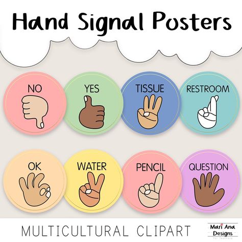 Class Hand Signals, Pastel Rainbow Classroom Theme, Classroom Attendance Chart, Pastel Classroom Theme, Middle School Classroom Themes, Classroom Hand Signals, Posters Pastel, Pastel Classroom, Tutoring Business