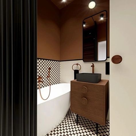 Bathroom Color Schemes For Small Bathrooms, Dark Mid Century Bathroom, Mid Century Restroom, Midcentury Modern Bathroom Ideas, Black White Tiles Bathroom, Black White Bathrooms Modern, Post Modern Bathroom Design, Colourful Bathroom Design, Mid Century Hotel Room