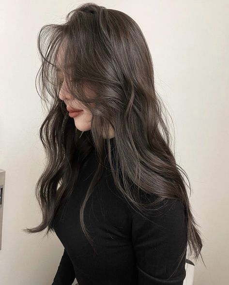 Asian Cool Brown Hair, Medium Dark Ash Brown Hair, Cool Tone Brown Hair Asian, Green Tea Hair Color, Dark Beige Brown Hair, Mushroom Brown Hair Asian, Black Tea Hair Color, Neutral Chocolate Brown Hair, Mid Length Long Hair