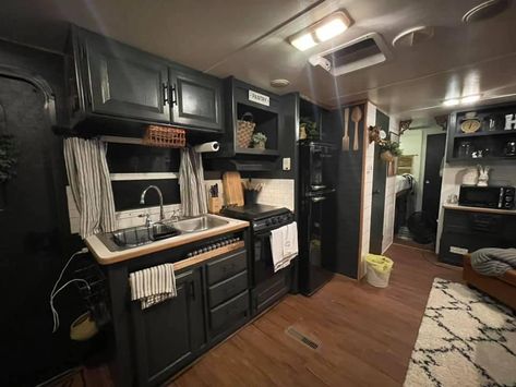 Dark Green Rv Interior, Camper Dark Interior, Dark Trailer Interior, Gothic Rv Interior, Black Rv Cabinets, Gothic Camper Interior, Goth Rv Interior, Black Camper Interior, Witchy Rv