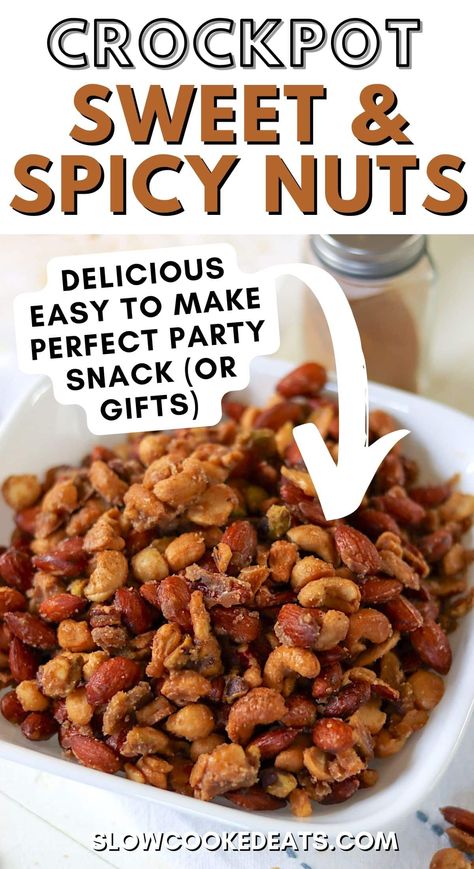 Best Slow Cooker Sweet and Spicy Nuts Recipe | Slow Cooked Eats Spiced Nuts Recipe Crock Pot, Flavoured Nuts Recipe, Flavored Nuts Recipes Holidays, Smoked Nuts Recipes, Crockpot Nuts Recipes, Cinnamon Sugar Nuts Recipe, Warm Nuts Recipe, Sweet And Spicy Nuts Recipe, Savory Nuts Recipe