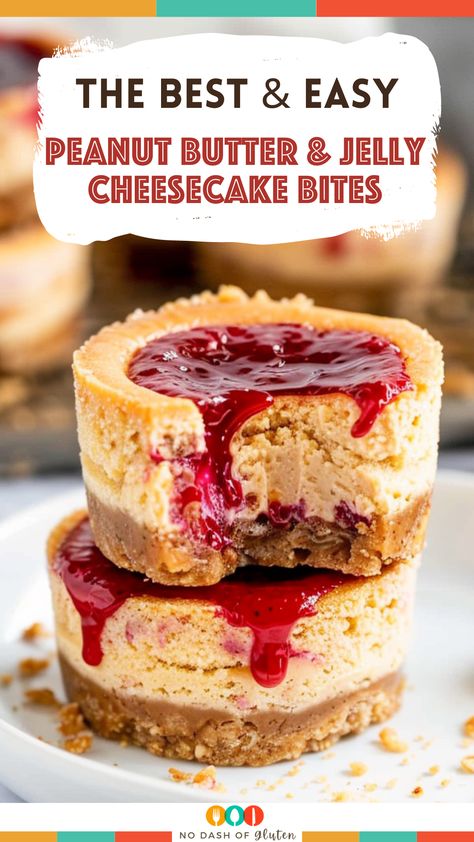 Enjoy a twist on a classic with Peanut Butter & Jelly Cheesecake Bites! Combining smooth cheesecake, rich peanut butter, and sweet jelly on an almond crust, these bites are the perfect snack or dessert. Simple to make and irresistibly delicious, they’re a hit for any occasion. Whether you're reminiscing childhood or looking for a unique treat, these cheesecake bites are sure to delight. Ready in an hour, they’re quick, easy, and a crowd-pleaser. Pin now for a deliciously nostalgic snack! No-bake Peanut Butter Cheesecake Balls Recipe, Pb And J Cheesecake, Peanut Butter Jelly Cupcakes, No Bake Peanut Butter Cheesecake Bites, Peanut Butter Jelly Cheesecake, Pbj Cheesecake, Peanut Butter Jelly Cake, Peanut Butter And Jelly Cheesecake, Peanut Butter Cheesecake Balls