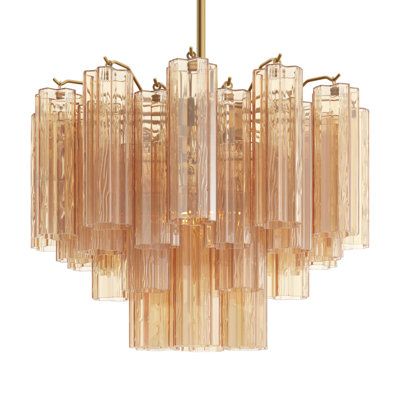 The captivating Arras lighting collection is a modern-day interpretation of the iconic mid-century Arras chandelier. Inspired by its predecessor's sleek lines and geometric shapes, the Arras features a metal frame that exudes sophistication and style. Its unique design showcases transparent tiers of textured Arras glass tubes, forming a mesmerizing 5-point rounded star shape. Finish: Aged Brass, Shade Color: Yellow, Size: 14" H x 19.75" W x 19.75" D | Joss & Main Arras Tiered Chandelier 14.0 H x Midcentury Modern Chandeliers, Art Deco Office, Chandelier Art Deco, Lighting Mood, Mid Century Modern Chandelier, Retro Chandelier, Tiered Chandelier, Ocean Blvd, Classic Chandelier