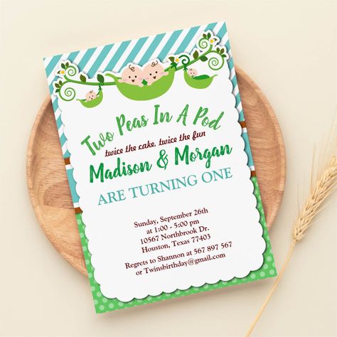 Two Peas In A Pod Twins Birthday Invitation Twins Birthday Party, Twin Birthday Themes, Couples Birthday, Twin Birthday Parties, Stripes Background, Two Peas In A Pod, Baby Shower Deco, Twins Birthday, Kids Themed Birthday Parties