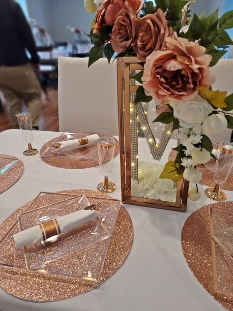 Table Centerpieces Rose Gold, Rose Gold And Champagne Table Decor, Rose Gold Lantern Centerpiece, Rose Gold And Pink Party Decorations, Rose Gold Birthday Theme Table Settings, Rose Gold Mexican Theme Party, Rose Gold Engagement Party Ideas, Rose Gold Theme Party Decorations, Rose Gold Wedding Theme Decorations