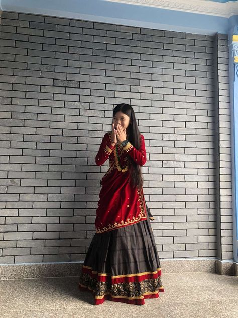 Nepali Outfit Aesthetic, Nepali Traditional Dress, Magar Dress Nepali, Magar Dress, Nepali Traditional, Gurung Dress, Pretty Poses, Nepal Clothing, Cute Long Sleeve Dresses