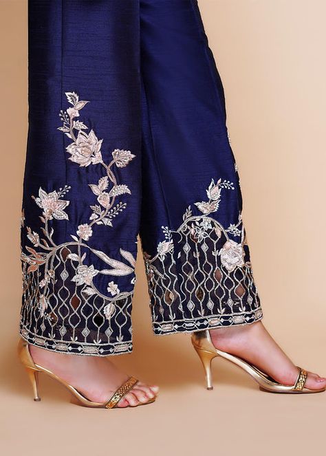 Sheirine - Laam Embroidered Trousers, Girls Footwear, Embroidery Suits Punjabi, Navy Trousers, Suits Punjabi, Stylish Fall Outfits, Fashion Vocabulary, Saree Design, Suits Design