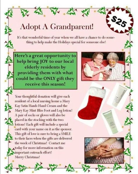 Adopt A Grandparent idea. Adopt A Grandparent Ideas, Mary Kay Selling Ideas, Fccla Ideas, Mary Kay Tips, Mary Kay Christmas, Mary Kay Gifts, Selling Mary Kay, Mary Kay Marketing, Mary Kay Products