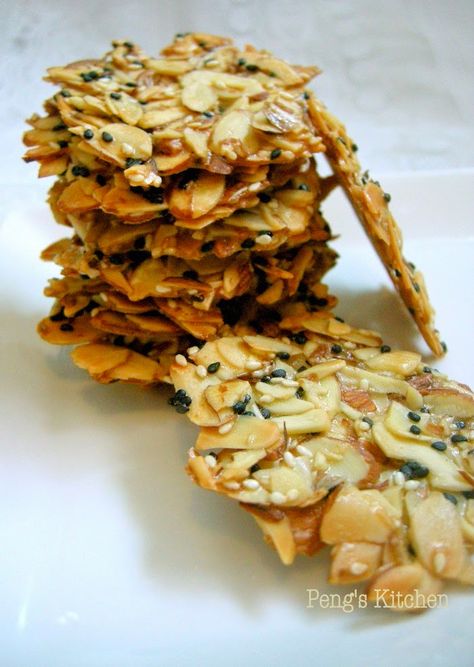 Peng's Kitchen: Almond Tuile Luncheon Meat Recipe, Famous Amos Cookies, Florentine Cookies, Cny Cookies, Sesame Cookies, Cream Crackers, Cookie Toppings, Nuts And Seeds, Almond Cookies