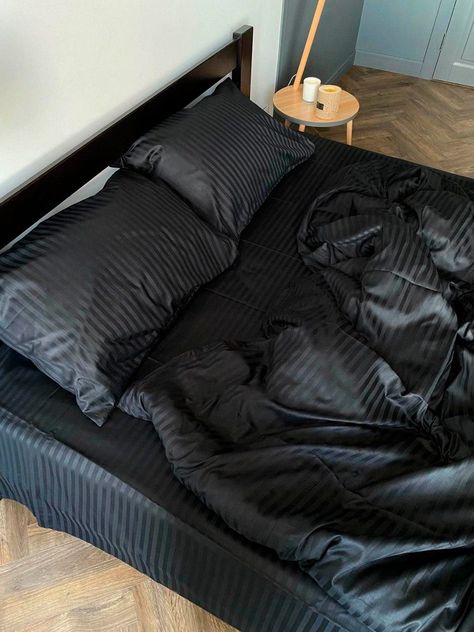 Mens Bed, Black Bed Sheets, Bedroom Ideas Black, Black Bedroom Design, Black Comforter, Bedroom Cozy, Black Sheets, Satin Bedding, Black Bedroom