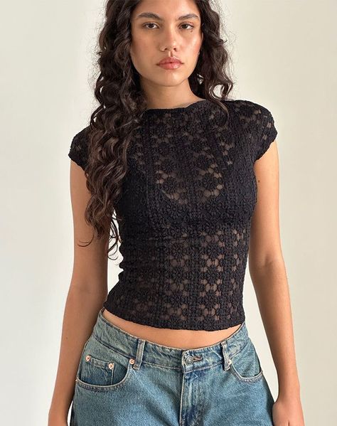 Black Lace Going Out Outfit, Black Lacy Tops Outfit, Black Tops Aesthetic, Cute Lace Tops, Trendy Lace Top, Lace Top Outfit, Lace Up Back Top, Lace Black Top, Lace Top Black