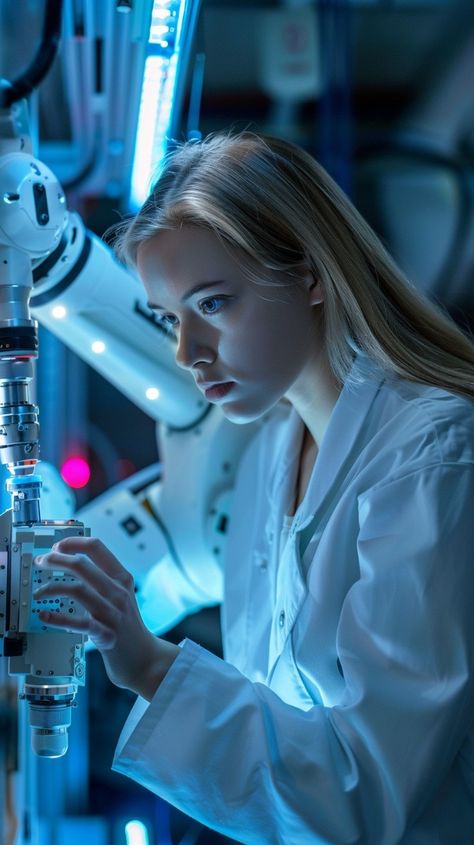 A focused female scientist meticulously adjusts a complex robotic arm in a high-tech laboratory environment. Research Scientist Aesthetic, Female Scientist Aesthetic, Science Girl Aesthetic, Athena Core, Prose Writing, Scientist Aesthetic, Female Scientist, Science Aesthetic, Science Girl