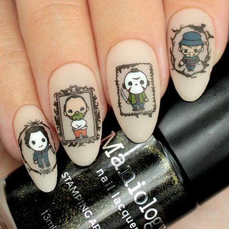 Spooky Spring Nails, Ghosty Nails, Halloween Fingernails Designs, Fun Halloween Nail Designs, Hellraiser Nail Art, Nerdy Nail Art, Vintage Halloween Nails, Adams Family Nails, Framed Nails