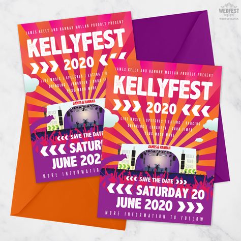 festival wedding save the date card invite Festival Wedding Invitations, Sunset Music Festival, Music Festival Wedding, Festival Themed Wedding, Wedding Invitation Sample, Rock N Roll Wedding, Wedding Invitations Save The Date, Festival Flyer, Wedding Invitation Samples