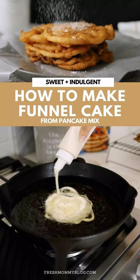 How to Make Yummy Funnel Cake From Pancake Mix at Home | Pancake Mix Funnel Cake. Easy breakfast ideas. Blackstone Funnel Cake, Diy Funnel Cake Pancake Batter, Blueberry Funnel Cake, Funnel Cake Waffles, Pancake Batter Funnel Cake, Dessert With Pancake Batter, Funnel Cakes With Pancake Mix Easy, Funnel Cake With Pancake Mix Recipe, Recipes With Pancake Batter