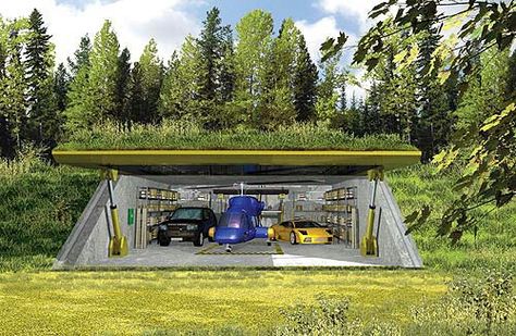 Hanger turned hidden garage Hidden Underground Shelter, Modern Underground Garage, Underground Garage Entrance, Underground Car Garage Home, Mansion Underground Garage, Hidden Garage, Subterranean Garage, Case Sotterranee, Underground Living