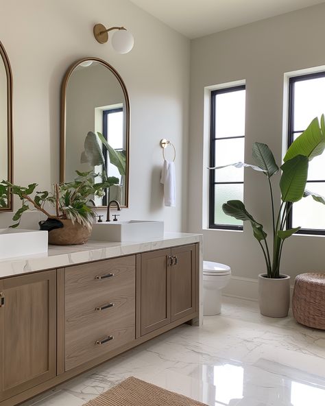 Coastal bathroom with clean lines. modern and minimal Master Bath Vanity Wall Ideas, Modern Farmhouse Ensuite Bathroom, Bathroom Inspo Master Bath, Farmhouse Interior Design Bathroom, Modern Farmhouse Coastal Bathroom, Bathroom Design Coastal, Modern Coastal Interior Design Bathroom, Organic Coastal Bathroom, Modern Costal House