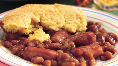 Corn Dog Casserole Recipe - Pillsbury.com Corn Dog Casserole, Hot Dogs And Beans, Hot Dog Casserole, Baked Bean Casserole, Canned Baked Beans, Beans And Cornbread, Jiffy Cornbread Mix, Chili Cheese Dogs, Jiffy Cornbread