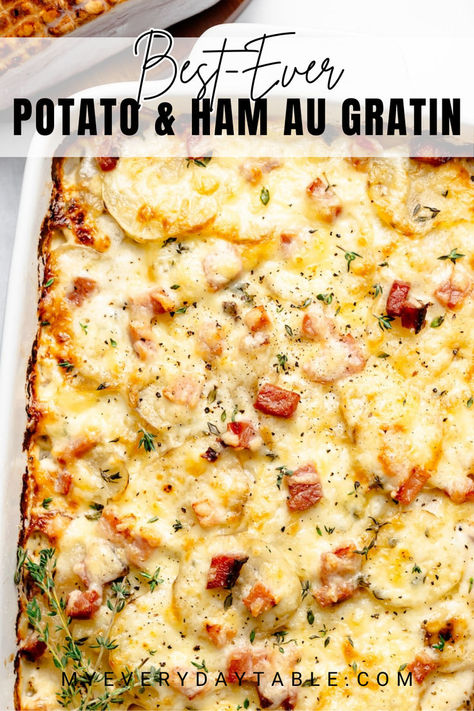 Looking to switch up your holiday potatoes? Or are you wanting to use up some leftover ham? This potatoe and ham au gratin recipe has layers of tender potatoes, cream, smoky ham, flavorful gruyere cheese, and fresh thyme. This delicious side dish is fancy enough for Thanksgiving, Christmas, or any night of the week! Ham Ideas Thanksgiving, Ham And Potato Au Gratin, Sides For Christmas Ham, Ham Leftover Recipes, Holiday Potatoes, Ham And Potatoes, Easy Dinner Side Dishes, Ham Recipes Crockpot, Dinner Side Dish Recipes