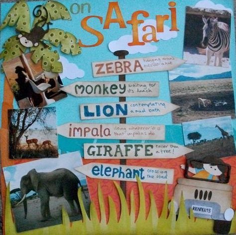 Layout: Safari layout Safari Scrapbook Layouts, Africa Scrapbook, Travel Scrapbook Layouts, Safari Scrapbook, Zoo Trip, Zoo Ideas, Scrapbook Disney, Travel Scrapbook Pages, Disney Scrapbooking Layouts