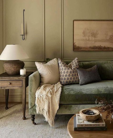 Green Walls Living Room, Sage Green Living Room, Earthy Living Room, Snug Room, Green Couch, Becki Owens, Cosy Spaces, Cottage Living Rooms, Living Room Trends