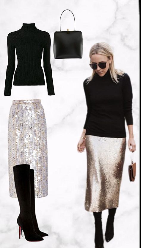 Sequin Skirt Outfit With Boots, Silver Sequins Skirt Outfit, Sequin Skirt And Boots, Black Sequin Skirt Outfit Casual, Fashion Winter 2024 2025, Retirement Party Outfits For Women, Sequined Skirt Outfit, Long Sequin Skirt Outfit, Sequin Pencil Skirt Outfit