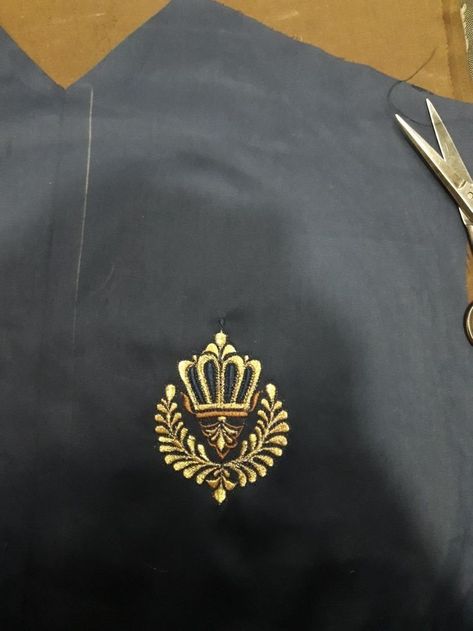 Embroidery, black, golden Kurta Logo Design, Mens Kurta Embroidery Designs, Embroidery Crown, Kurta Embroidery, Gents Shirts, Crown Embroidery, Boys Kurta Design, Black Leather Jacket Men, Gents Kurta Design