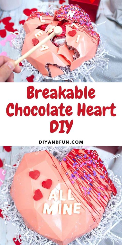 Breakable Chocolate Heart DIY, Complete instructions for how to make an edible heart container that can hold other items. alt= Valentines Day Deserts, Chocolate Molds Recipe, Heart Cake Recipes, Chocolate Hearts Candy, Breakable Chocolate Heart, Silicone Molds Recipes, Heart Shaped Chocolate Box, Breakable Chocolate, Heart Container