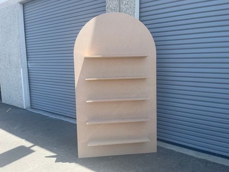 Radius Arch Backdrop With Removable Shelves Wood MDF - Etsy Backdrop With Shelves, Champagne Shelves, Product Display Wall, Party Favor Display, Shelf Backdrop, Booth Display Ideas Diy, Favor Display, Champagne Wall, Plywood Shelves